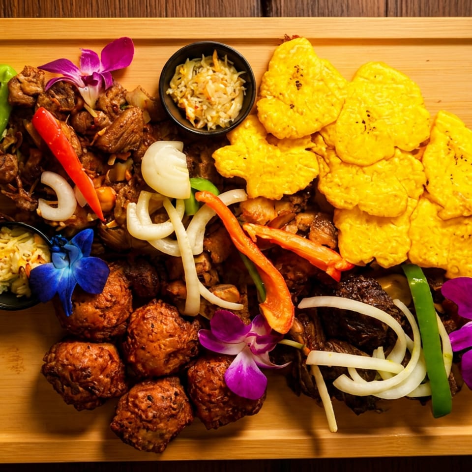 A wooden platter filled with various dishes, including plantains, meat, and vegetables, garnished with orchids.
