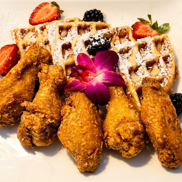 Crispy fried chicken and waffles with strawberries, blackberries, and a purple orchid garnish.