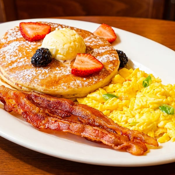 A breakfast plate with pancakes, scrambled eggs, bacon, strawberries, and blackberries on a wooden table.