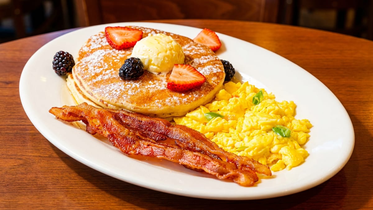 Pancakes, bacon, and eggs