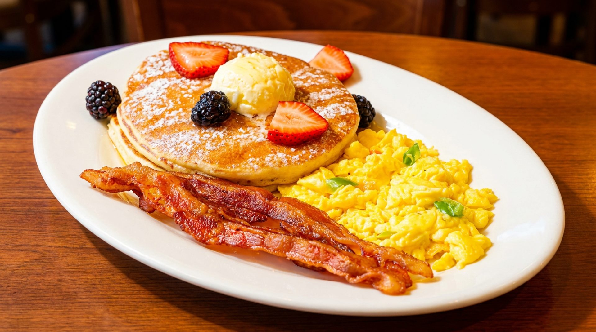 Pancakes, bacon, and eggs