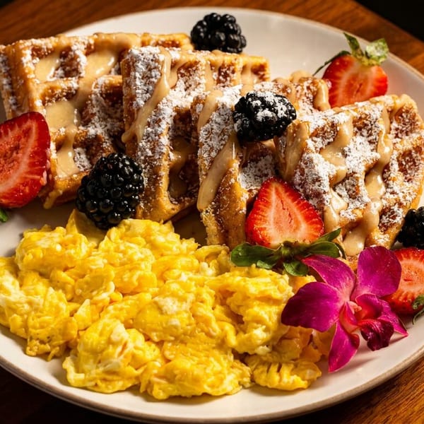 A breakfast plate with waffles, scrambled eggs, strawberries, blackberries, and an orchid garnish.